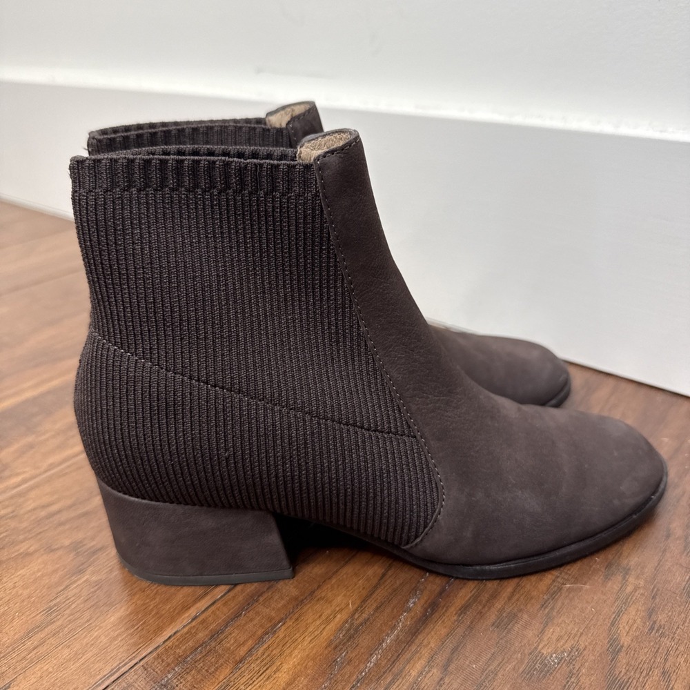 Eileen Fisher Suede Leather Block Heel Sock Booties Chocolate Brown Stretch 7